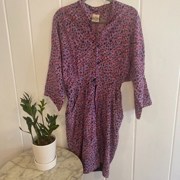 judi rosen Dresses & Skirts - Judi Rosen Animal Print Funky Shirtdress Purple Buttons Pockets